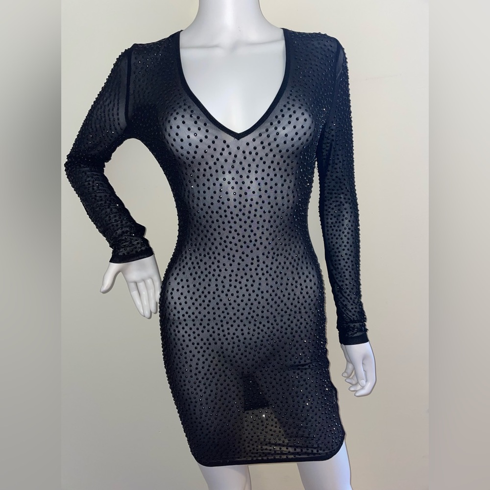 FashionNova Midi Long Sleeve Transparency Sheer Sequined Black Small V neckline